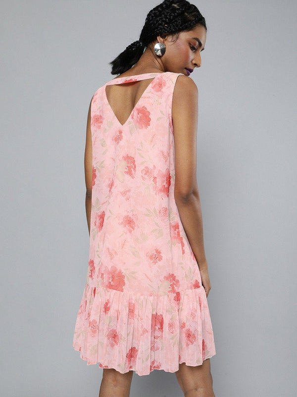 Women's Pink Floral V-Neck Pleated Hem Dress - SASSAFRAS