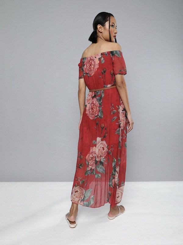 Women's Red Floral High Low Pleated Bardot Dress - SASSAFRAS - Indiakreations