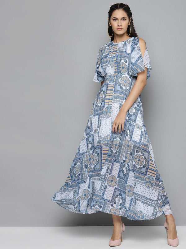 Women's Blue Patch Print Maxi Dress - SASSAFRAS - Indiakreations