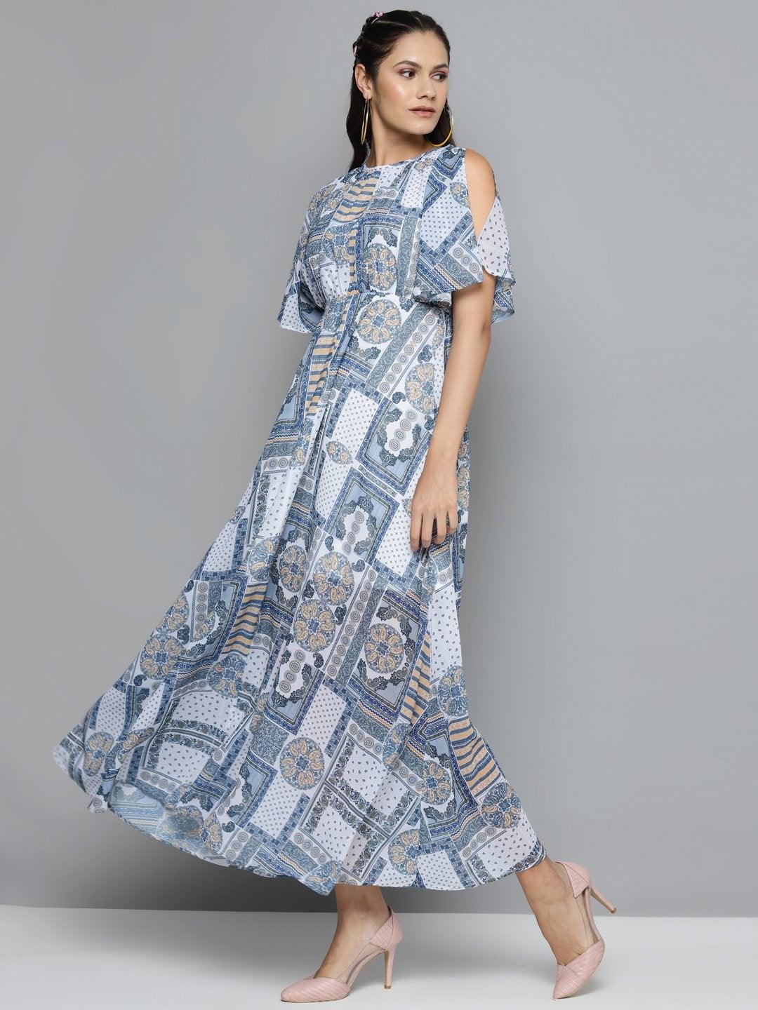 Women's Blue Patch Print Maxi Dress - SASSAFRAS - Indiakreations