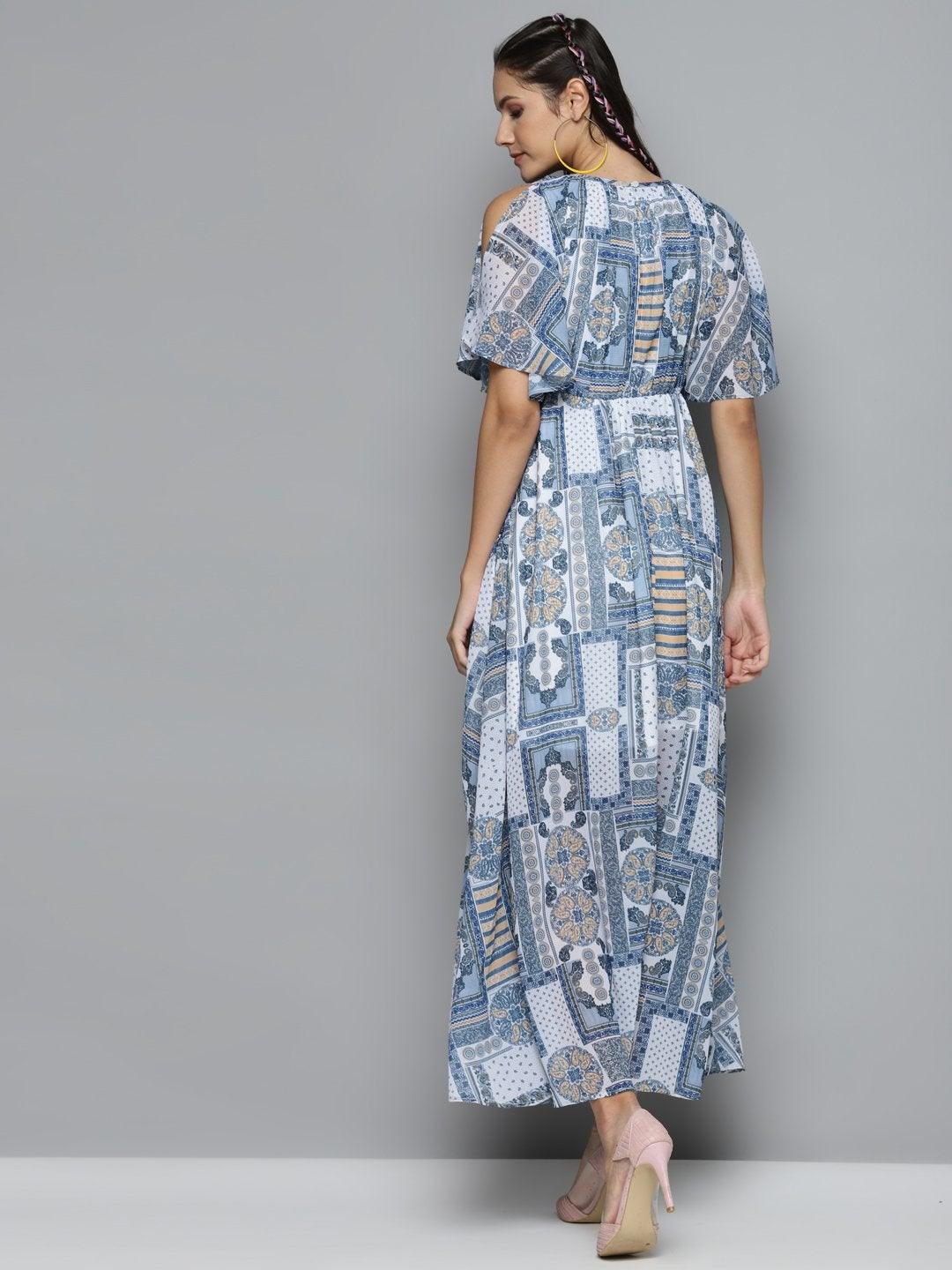 Women's Blue Patch Print Maxi Dress - SASSAFRAS - Indiakreations