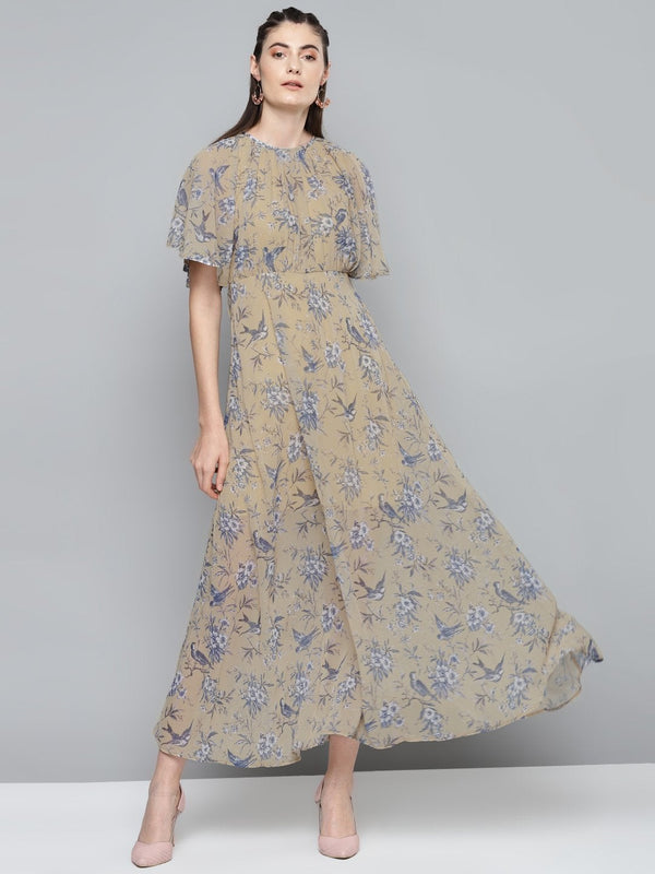 Women's Yellow Floral Print Maxi Dress - SASSAFRAS