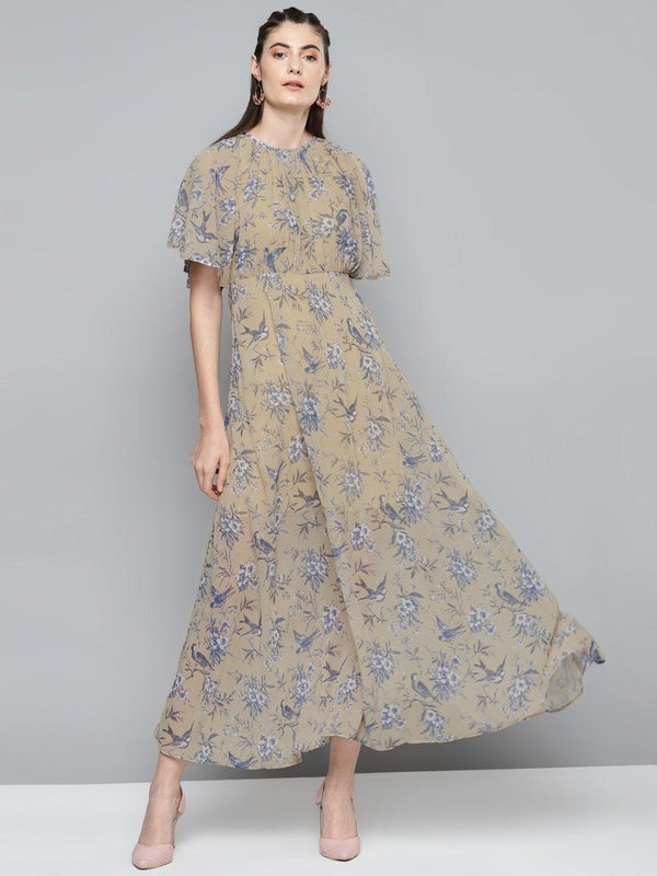 Women's Yellow Floral Print Maxi Dress - SASSAFRAS - Indiakreations