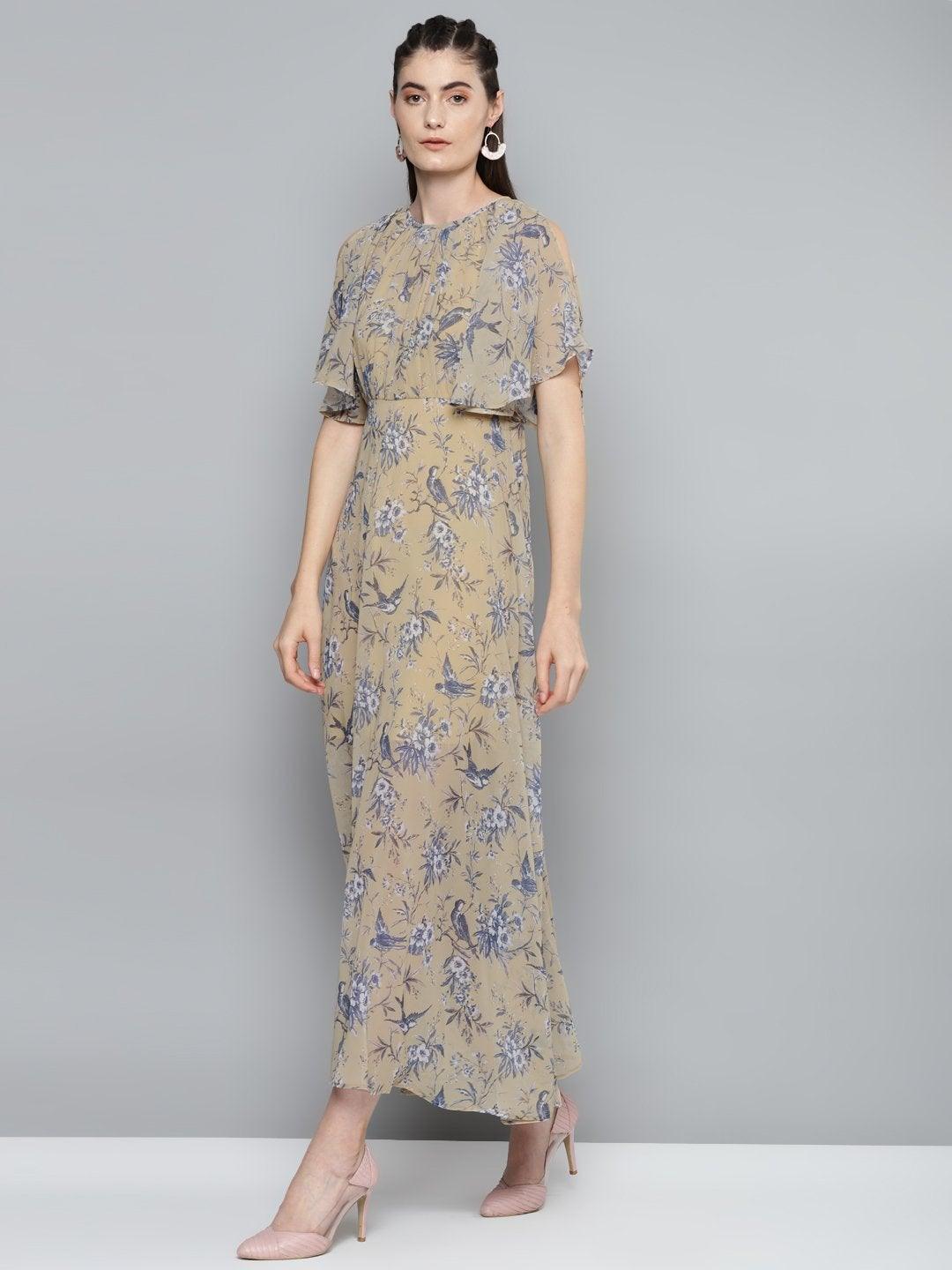 Women's Yellow Floral Print Maxi Dress - SASSAFRAS - Indiakreations