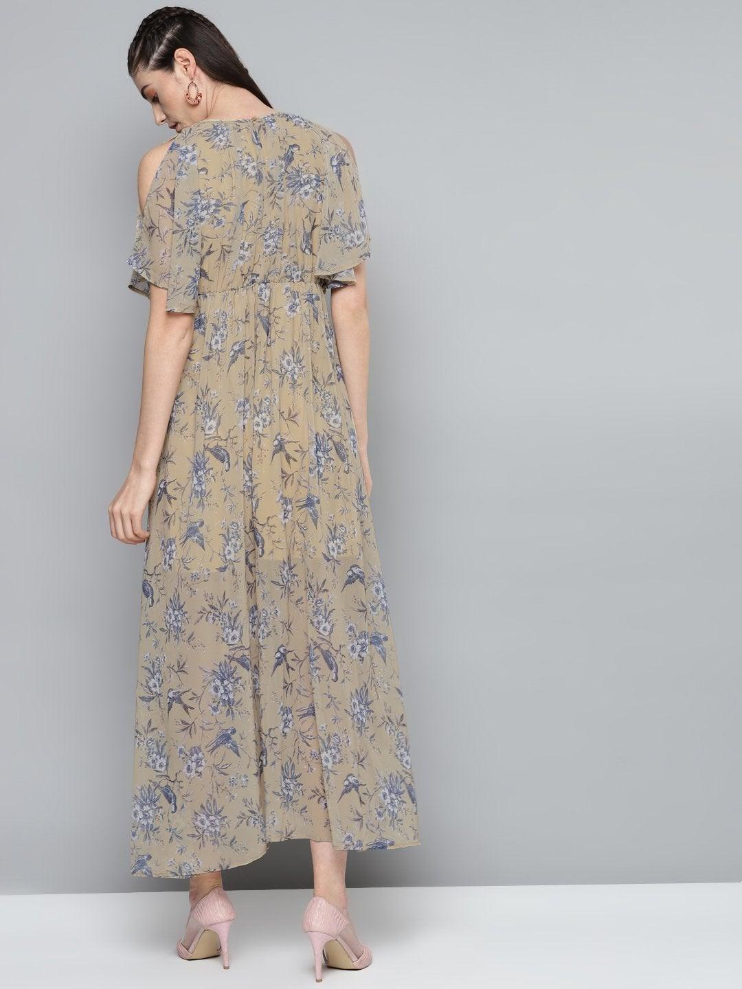 Women's Yellow Floral Print Maxi Dress - SASSAFRAS - Indiakreations