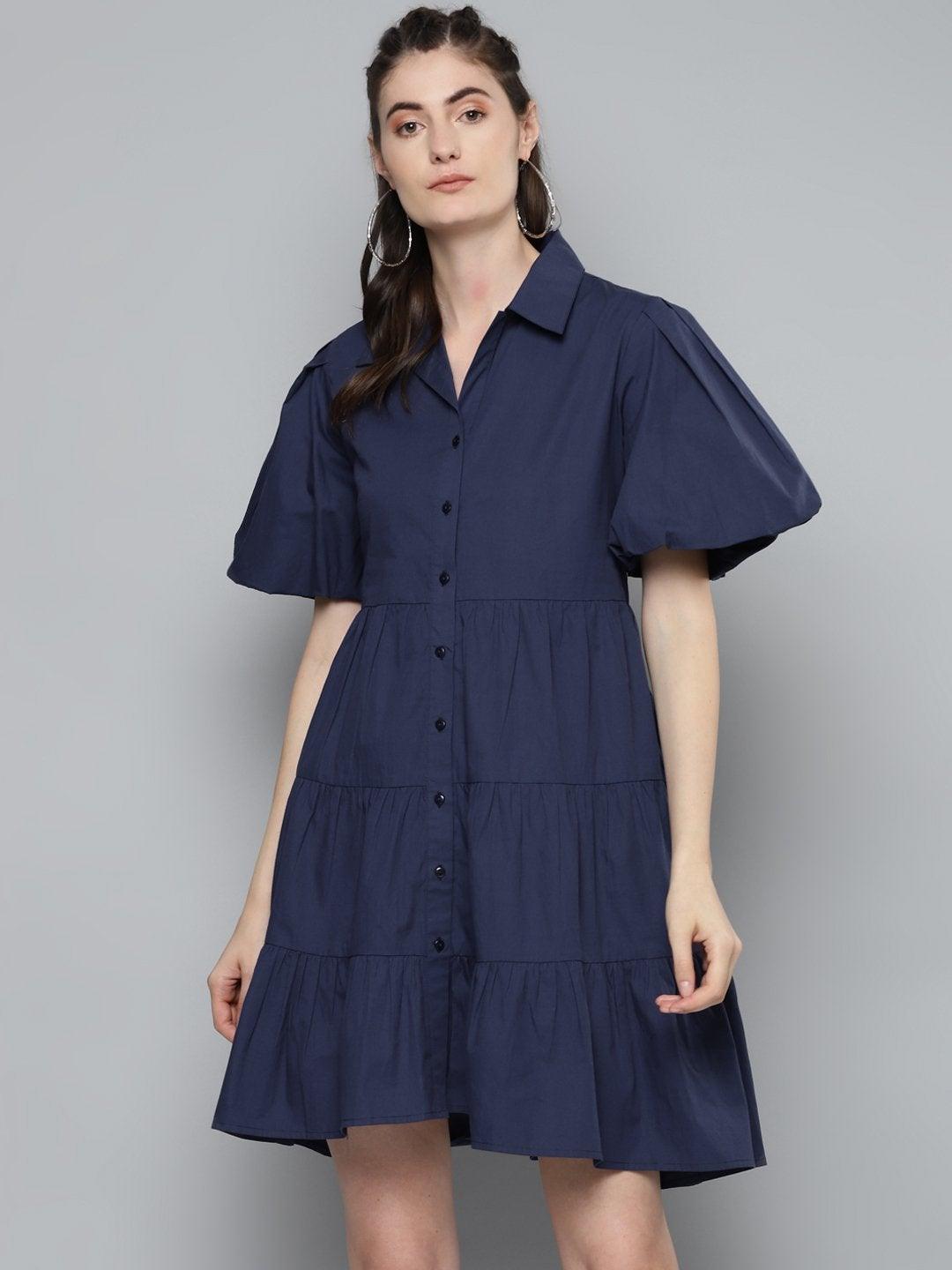 Women's Navy Tiered Shirt Dress - SASSAFRAS - Indiakreations