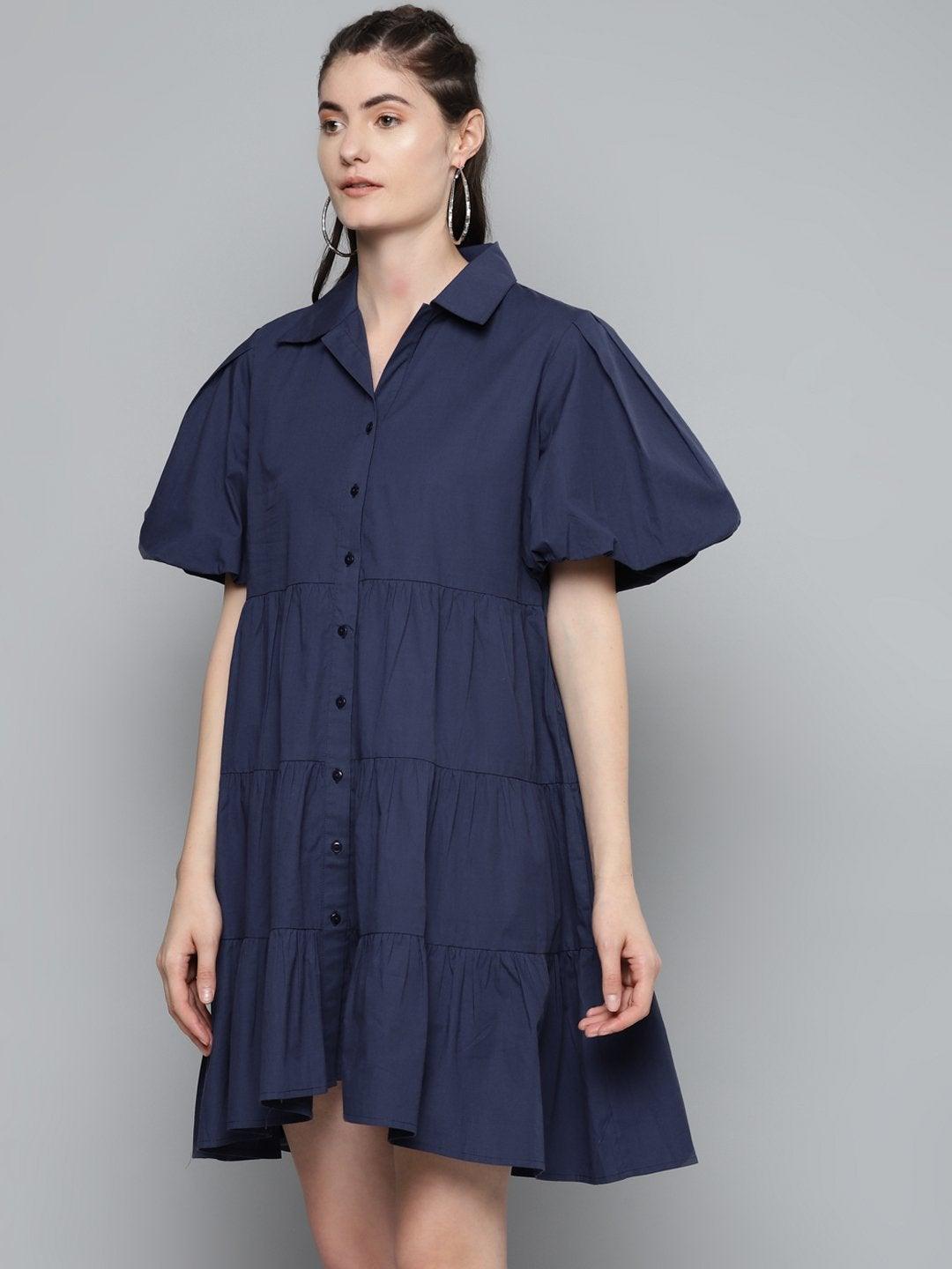 Women's Navy Tiered Shirt Dress - SASSAFRAS - Indiakreations