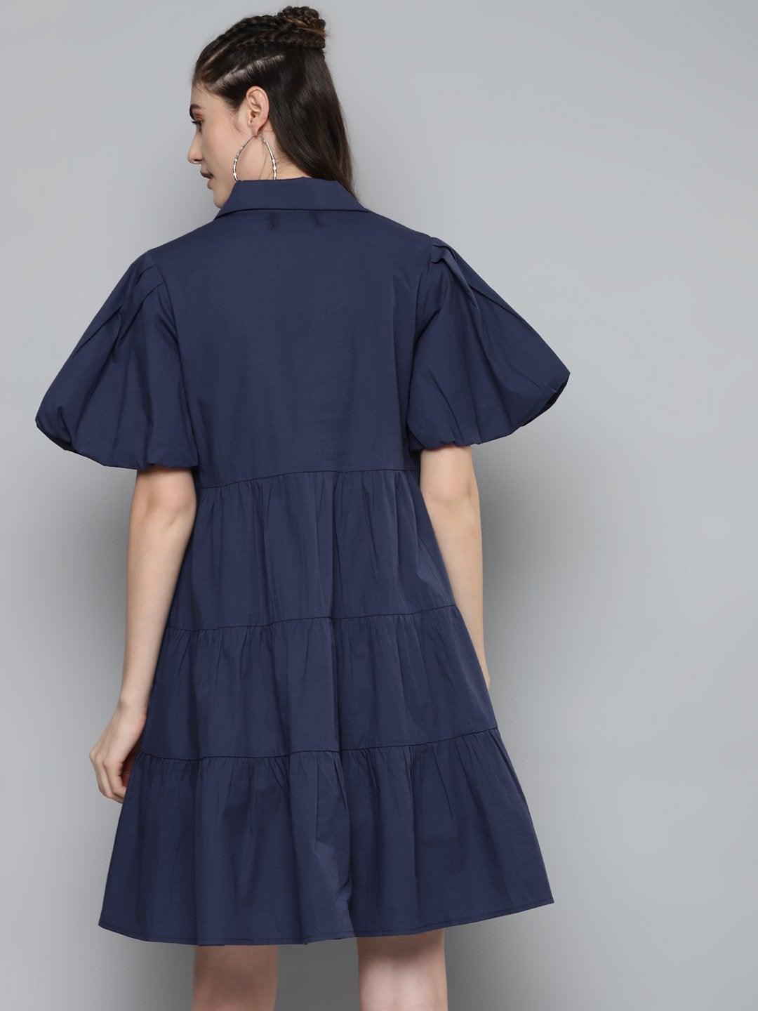 Women's Navy Tiered Shirt Dress - SASSAFRAS - Indiakreations