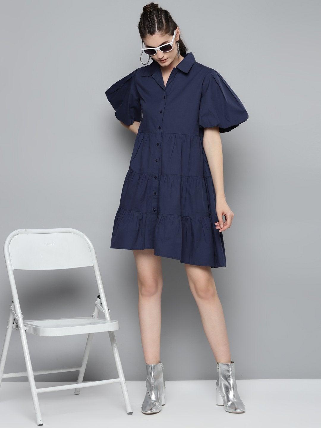 Women's Navy Tiered Shirt Dress - SASSAFRAS - Indiakreations