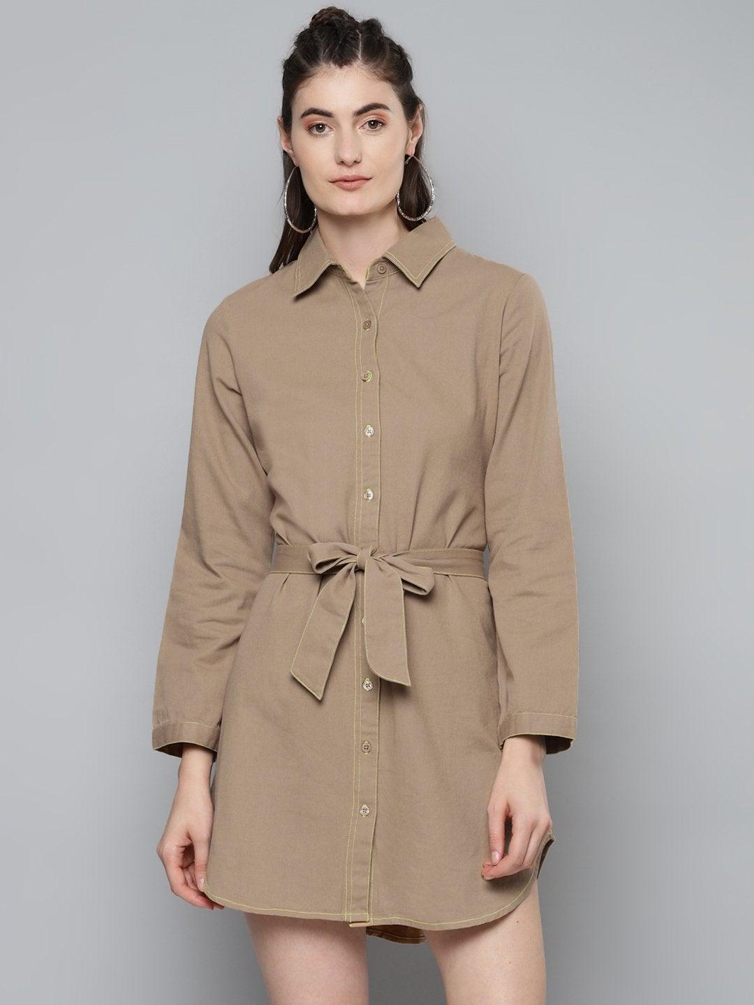 Women's Beige Belted Shirt Dress - SASSAFRAS - Indiakreations