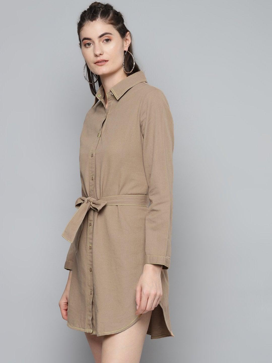 Women's Beige Belted Shirt Dress - SASSAFRAS - Indiakreations