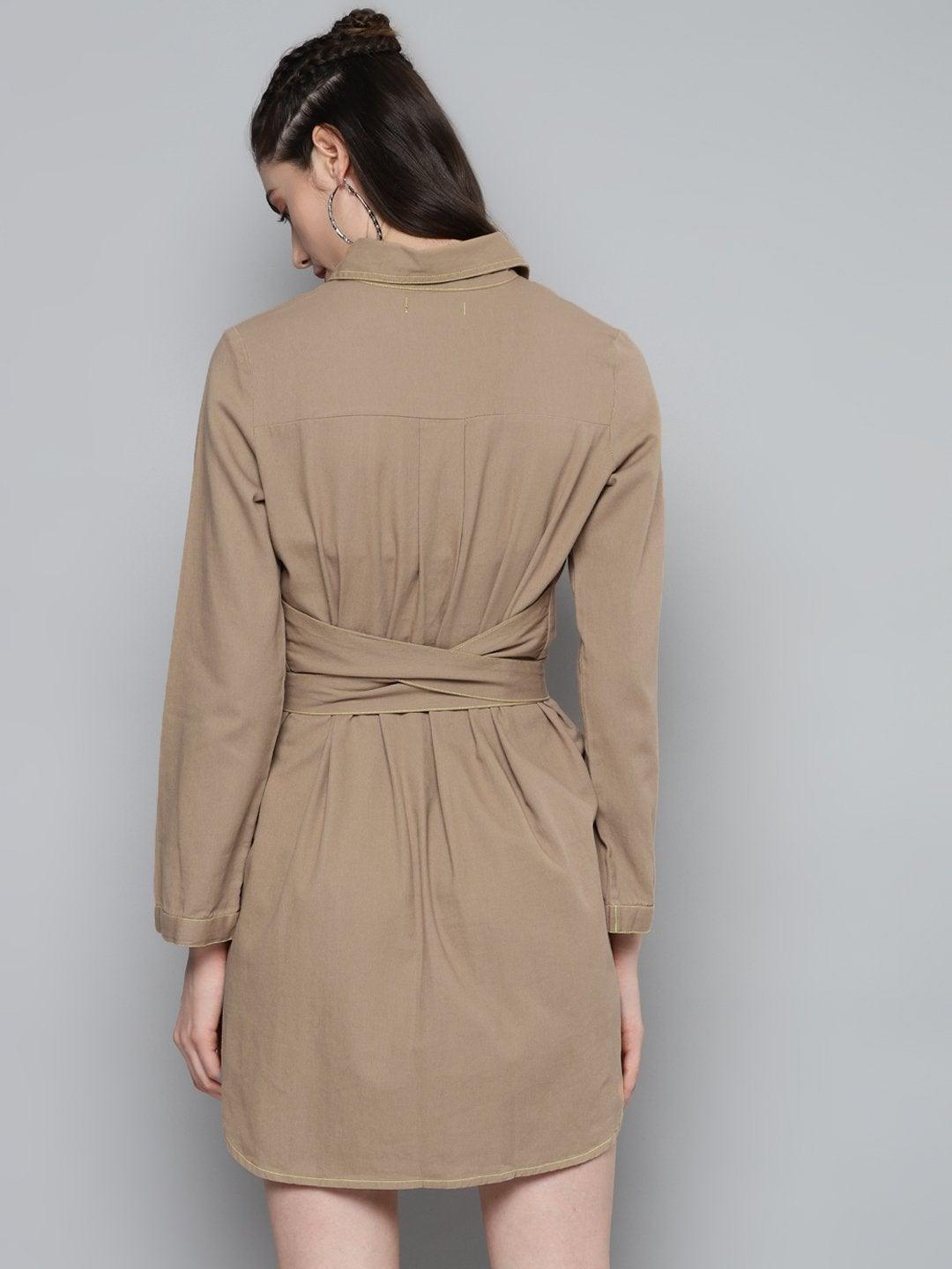 Women's Beige Belted Shirt Dress - SASSAFRAS - Indiakreations