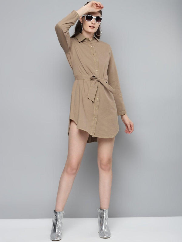 Women's Beige Belted Shirt Dress - SASSAFRAS - Indiakreations