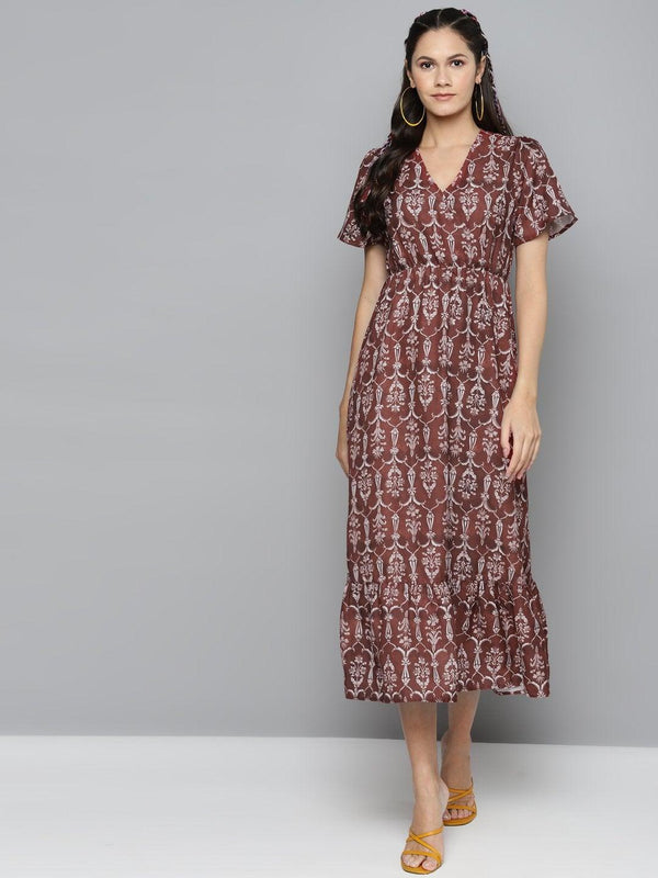 Women's Maroon Floral Wrap Frill Hem Maxi - SASSAFRAS - Indiakreations