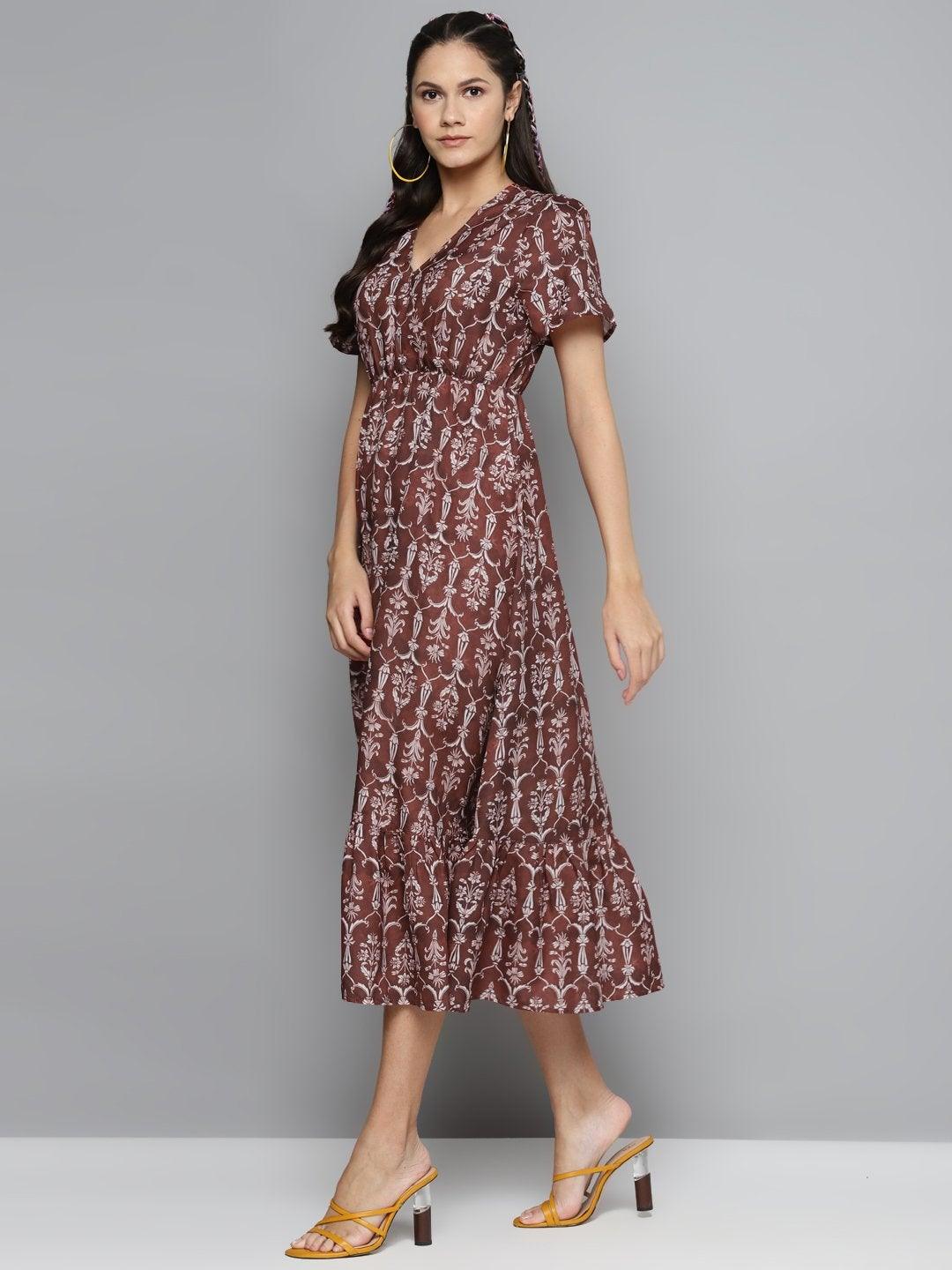 Women's Maroon Floral Wrap Frill Hem Maxi - SASSAFRAS - Indiakreations