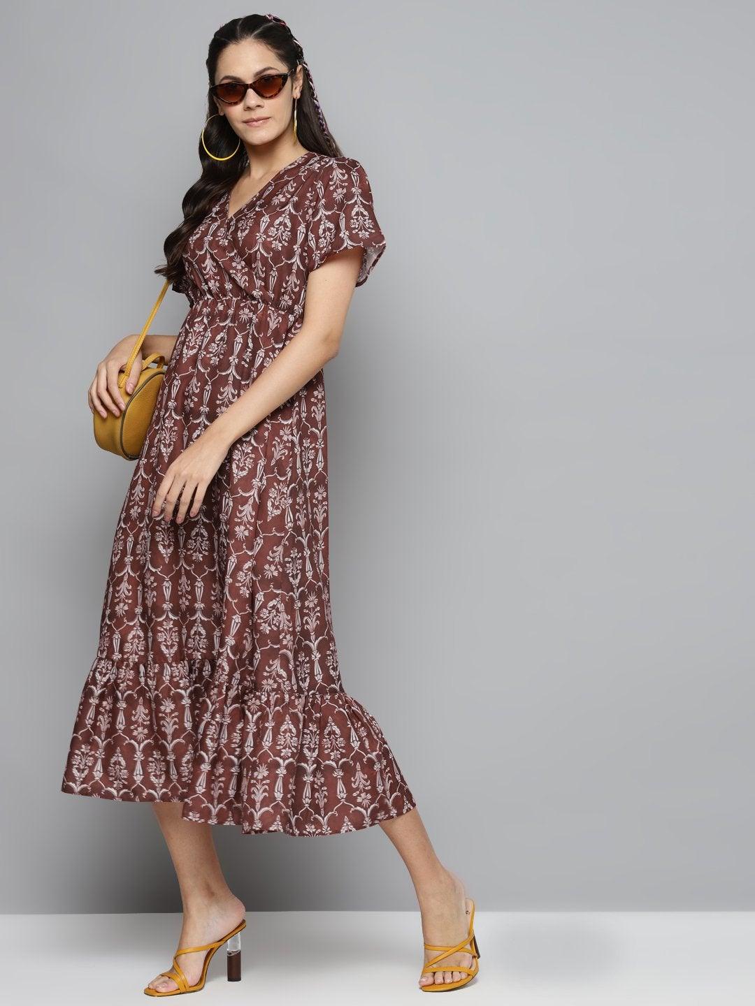 Women's Maroon Floral Wrap Frill Hem Maxi - SASSAFRAS - Indiakreations