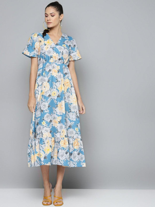 Women's Blue & Yellow Floral Wrap Frill Hem Maxi - SASSAFRAS - Indiakreations