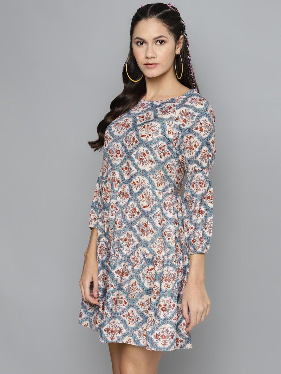 Women's Blue & Beige Floral Tiered Skater Dress - SASSAFRAS - Indiakreations