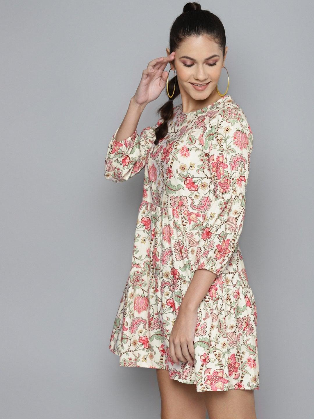 Women's Beige & Red Floral Tiered Skater Dress - SASSAFRAS - Indiakreations