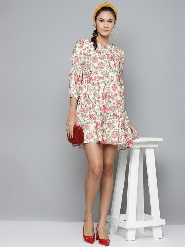 Women's Beige & Red Floral Tiered Skater Dress - SASSAFRAS - Indiakreations