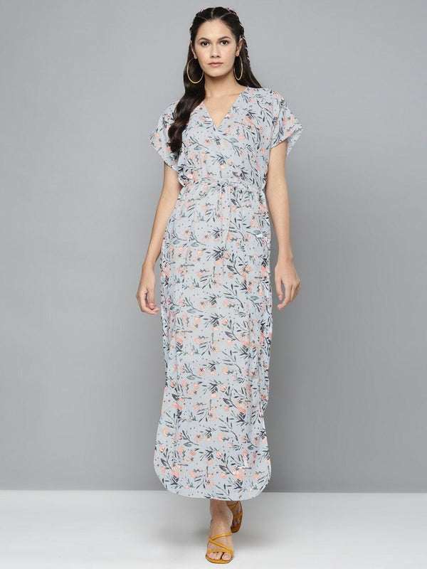 Women's White Floral Drawstring Maxi Dress - SASSAFRAS - Indiakreations