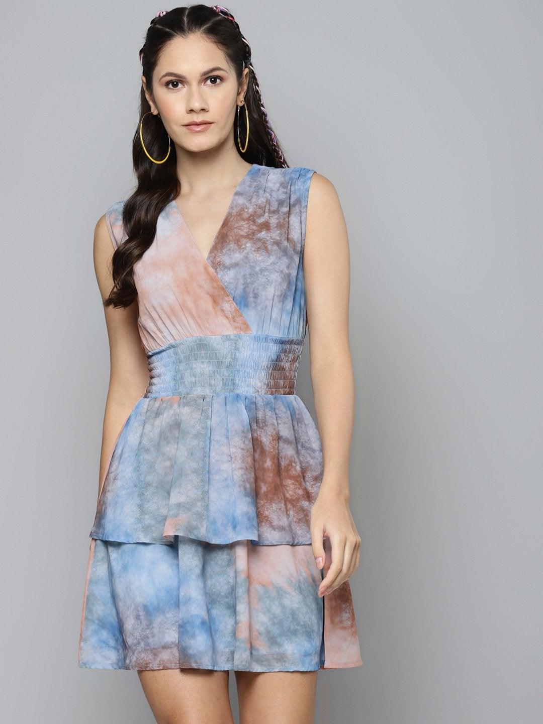 Women's Blue & Brown Tie-Dye Print Smocking Dress - SASSAFRAS - Indiakreations