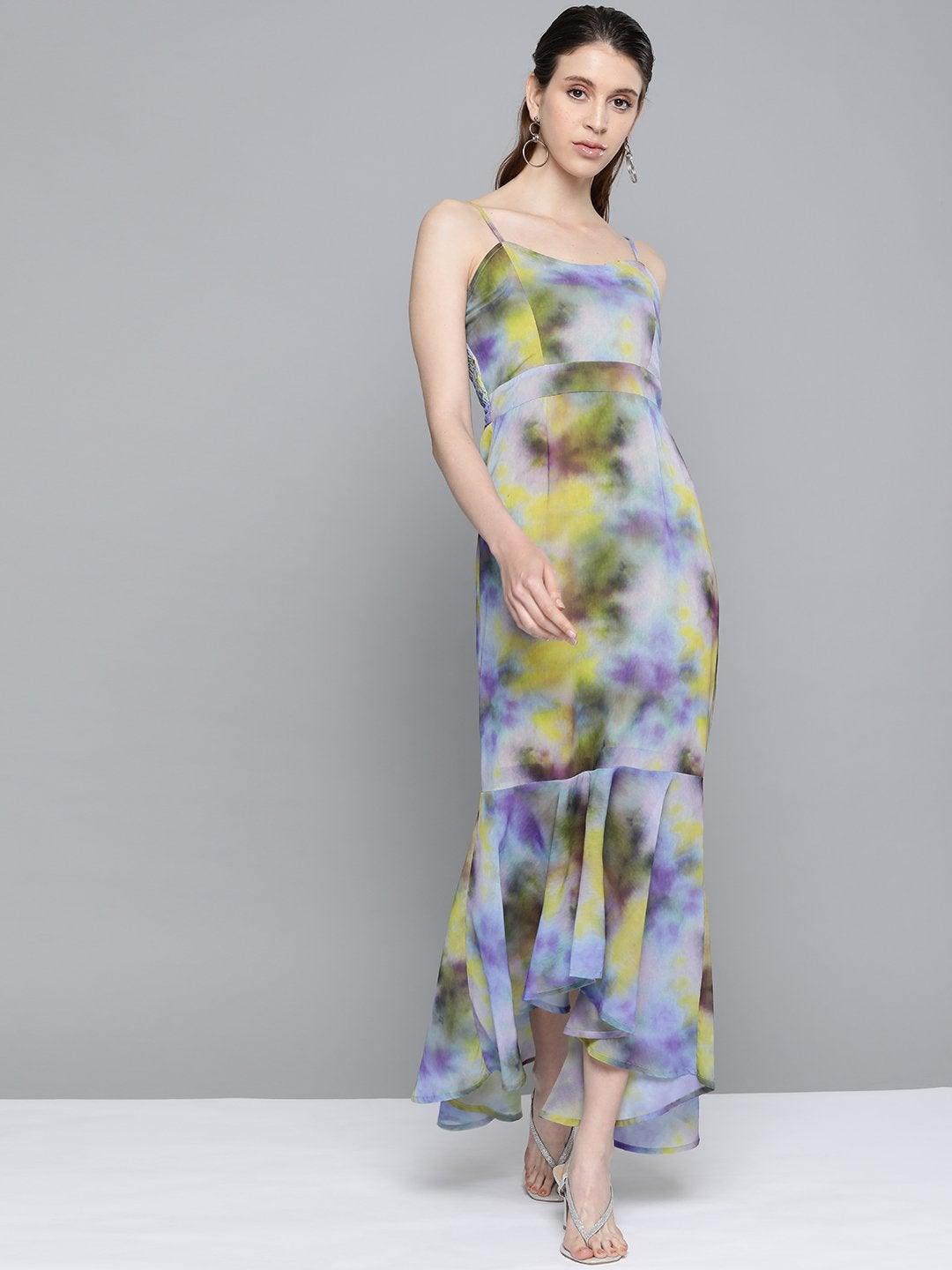 Women's Yellow & Purple Tie-Dye Print Strappy Maxi - SASSAFRAS - Indiakreations