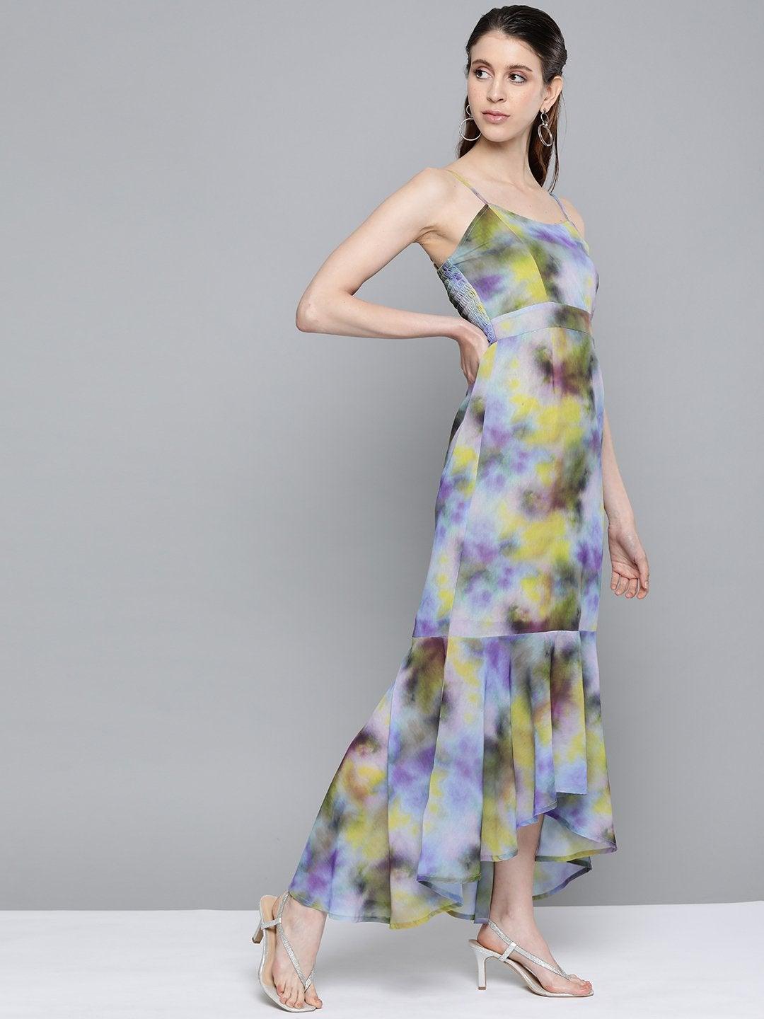 Women's Yellow & Purple Tie-Dye Print Strappy Maxi - SASSAFRAS - Indiakreations