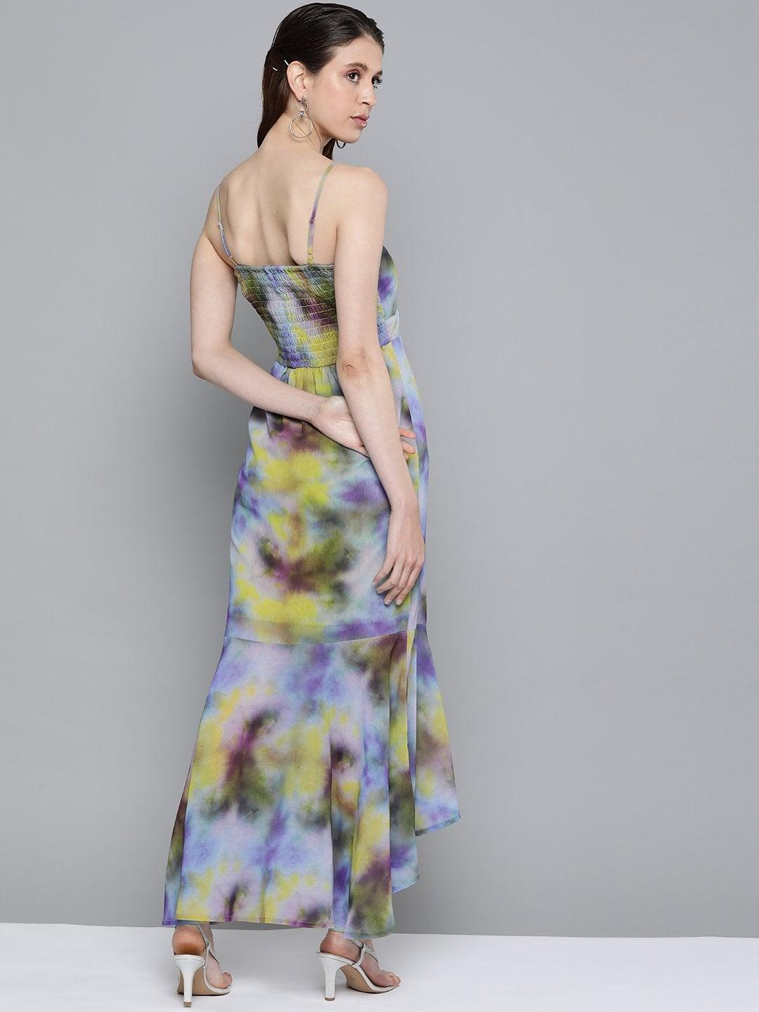 Women's Yellow & Purple Tie-Dye Print Strappy Maxi - SASSAFRAS - Indiakreations