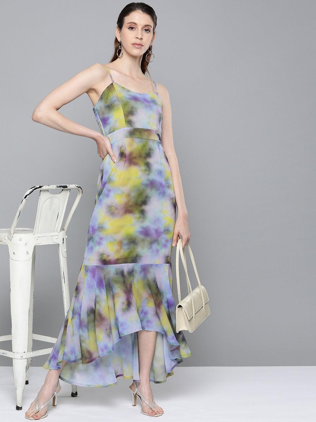 Women's Yellow & Purple Tie-Dye Print Strappy Maxi - SASSAFRAS - Indiakreations