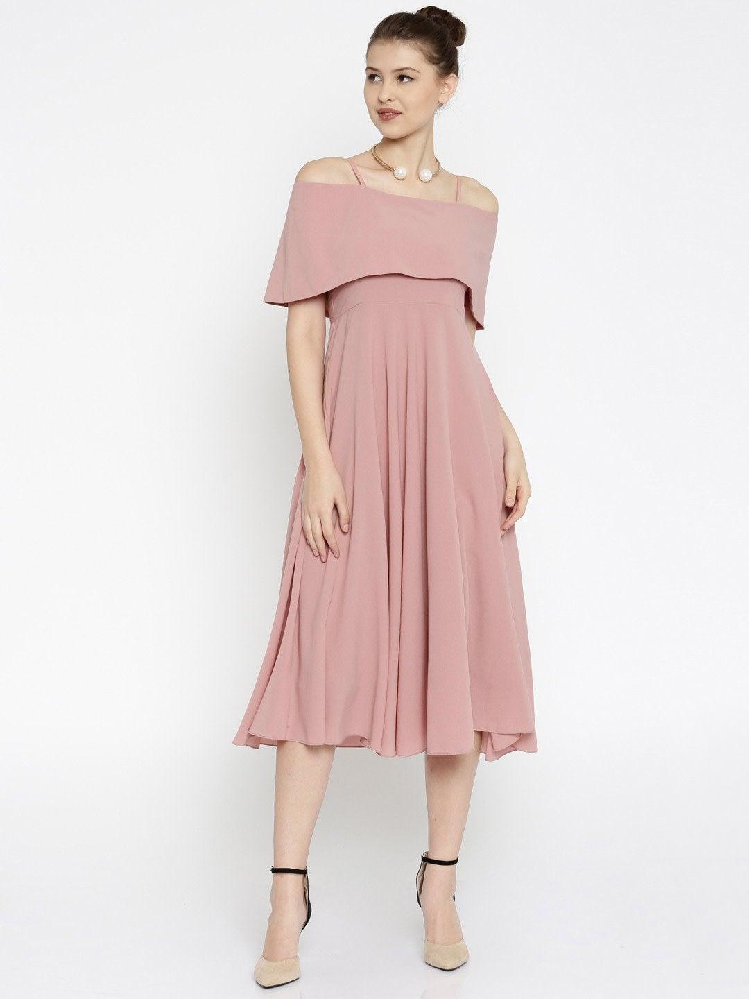 Women's Layered Fit & Flare Pink Midi Strap Dress - SASSAFRAS - Indiakreations