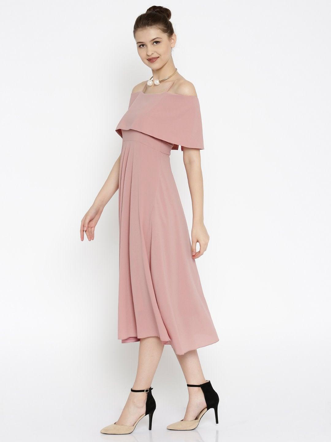 Women's Layered Fit & Flare Pink Midi Strap Dress - SASSAFRAS - Indiakreations