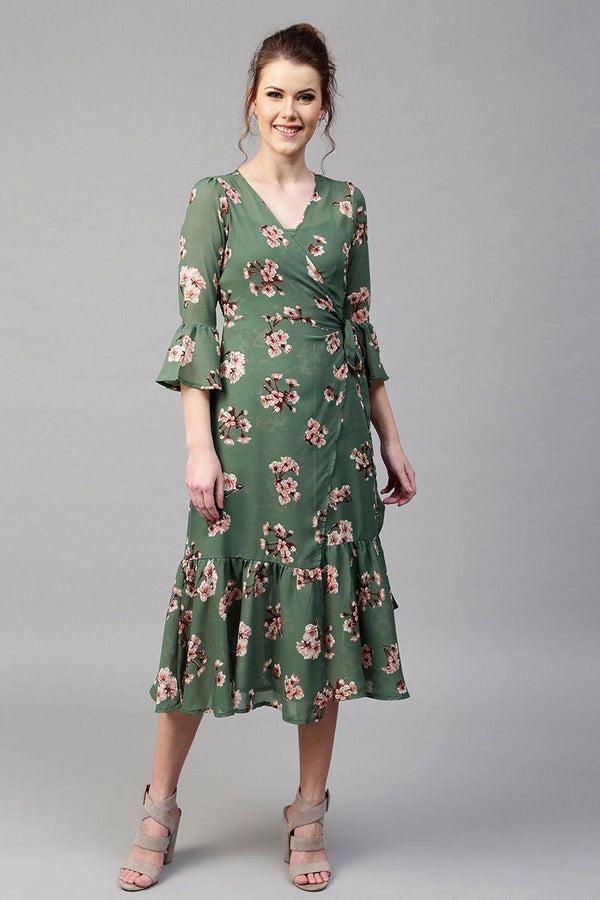 Women's Green Floral Wrap Maxi - SASSAFRAS - Indiakreations