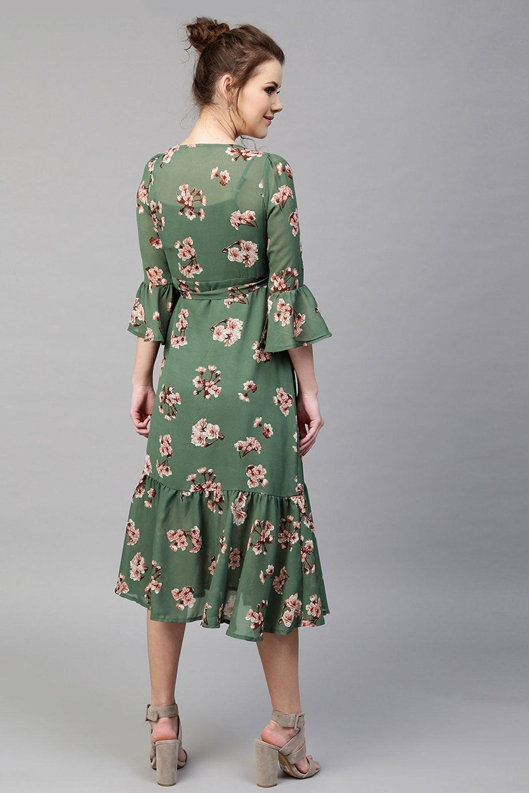 Women's Green Floral Wrap Maxi - SASSAFRAS - Indiakreations