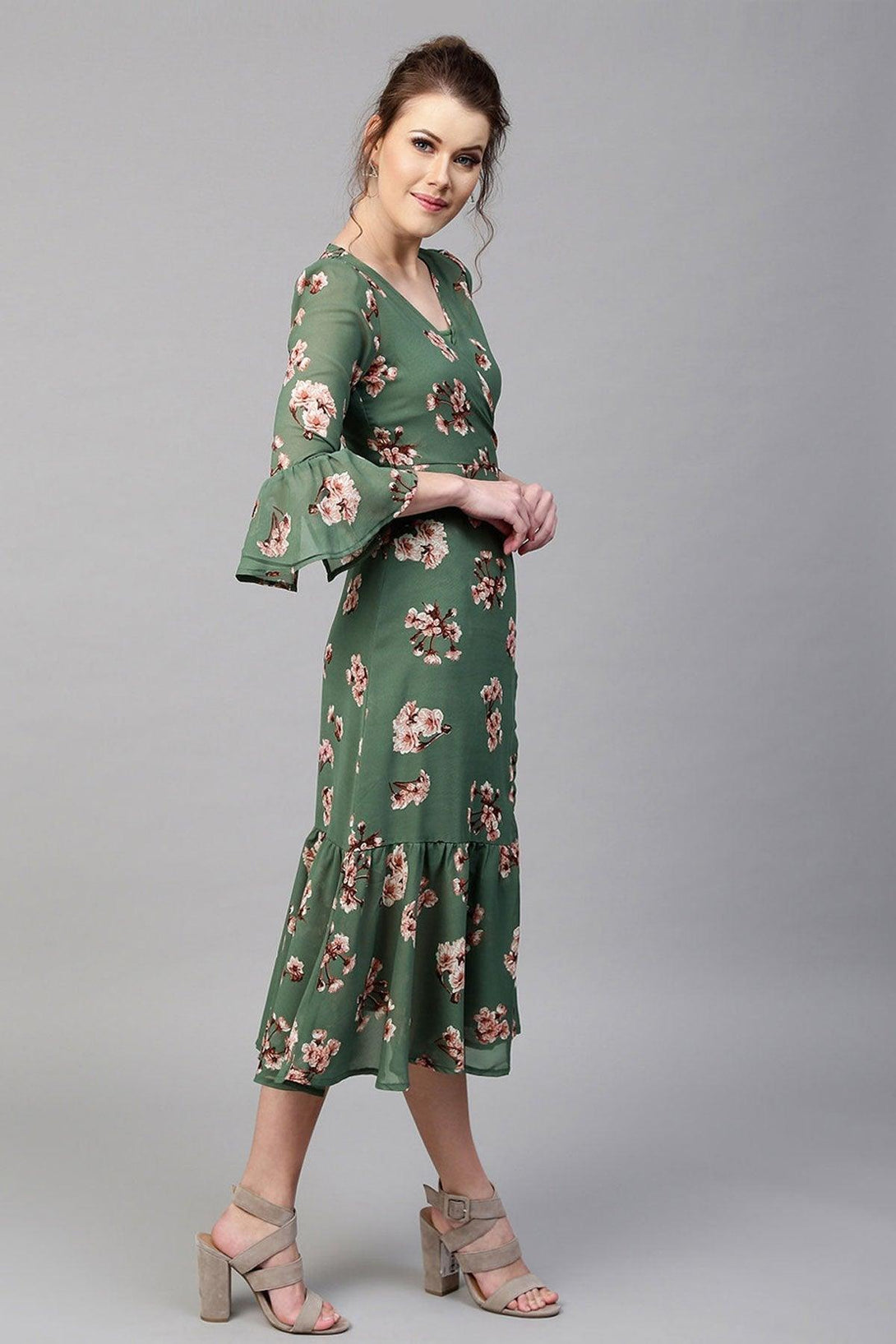 Women's Green Floral Wrap Maxi - SASSAFRAS - Indiakreations