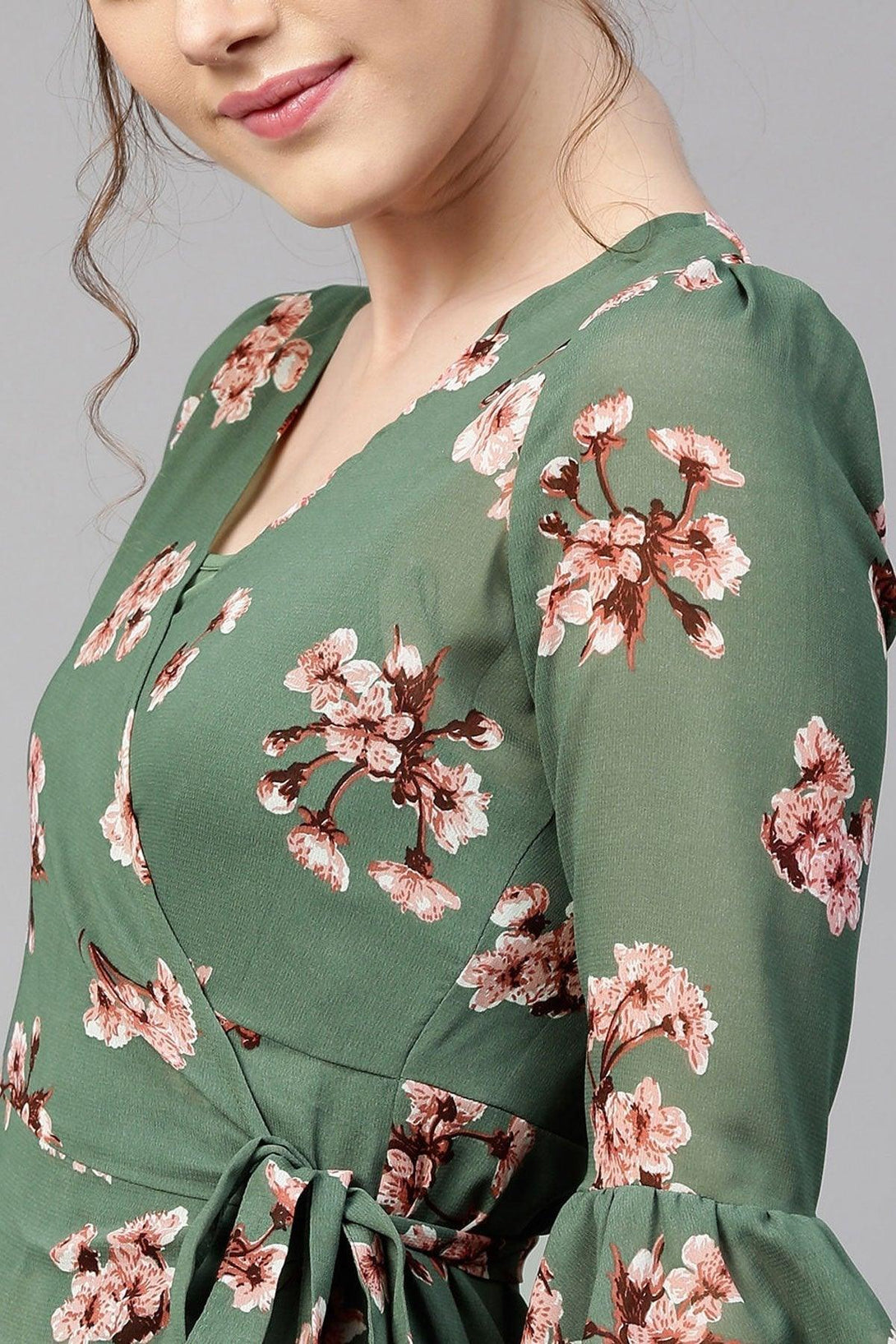 Women's Green Floral Wrap Maxi - SASSAFRAS - Indiakreations