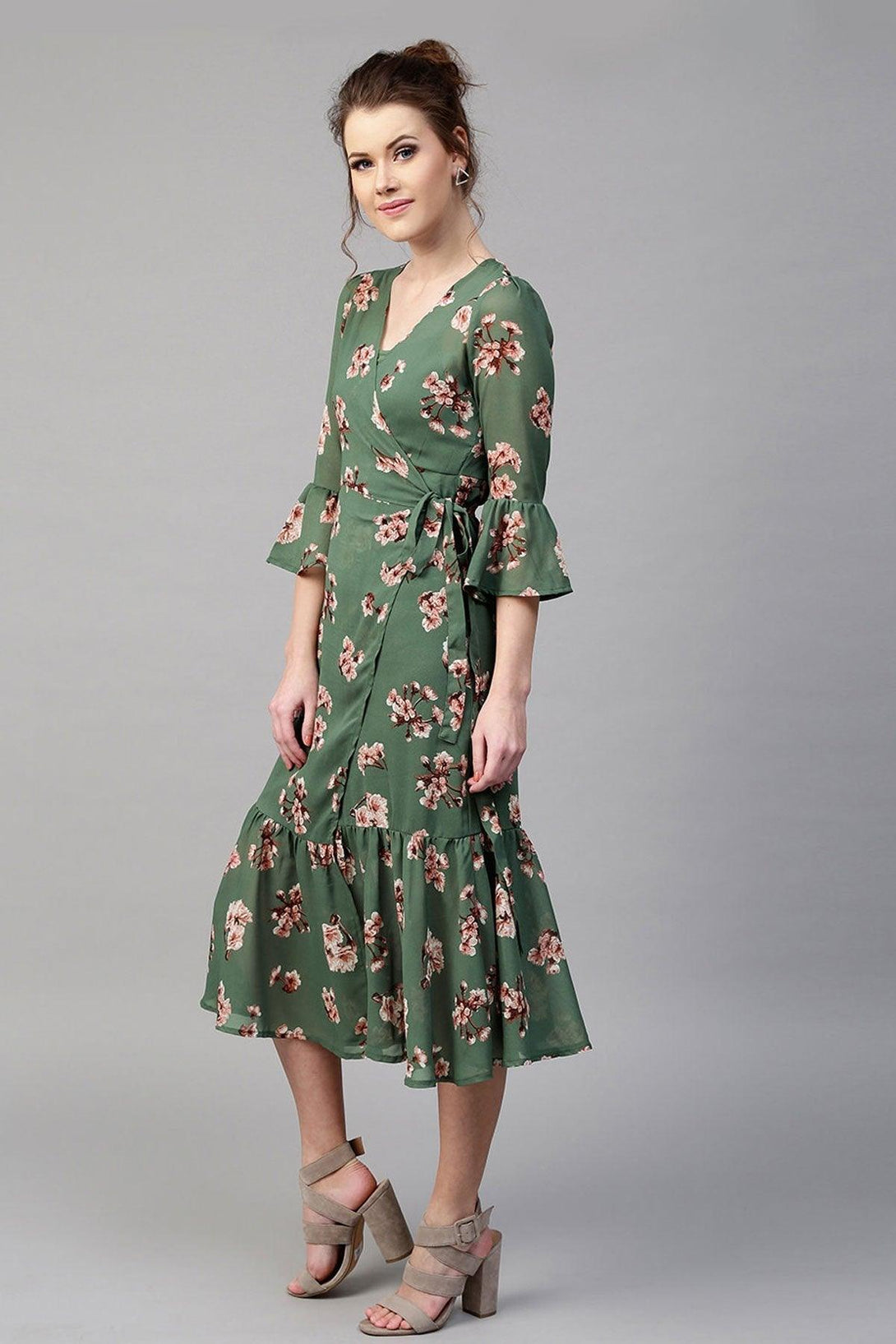 Women's Green Floral Wrap Maxi - SASSAFRAS - Indiakreations