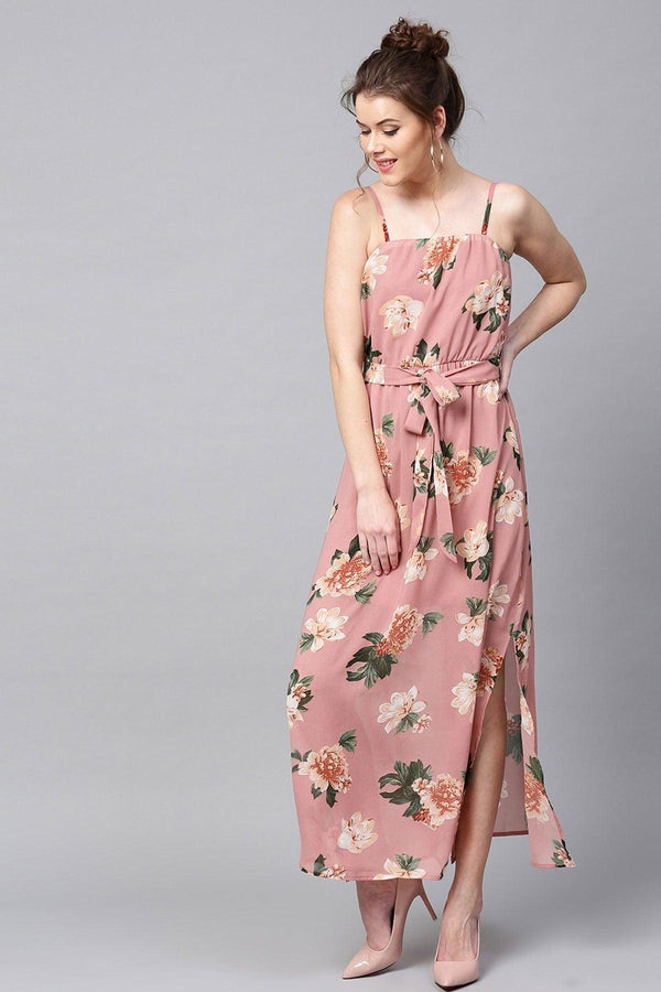 Women's Baked Pink Floral Belted Maxi - SASSAFRAS - Indiakreations