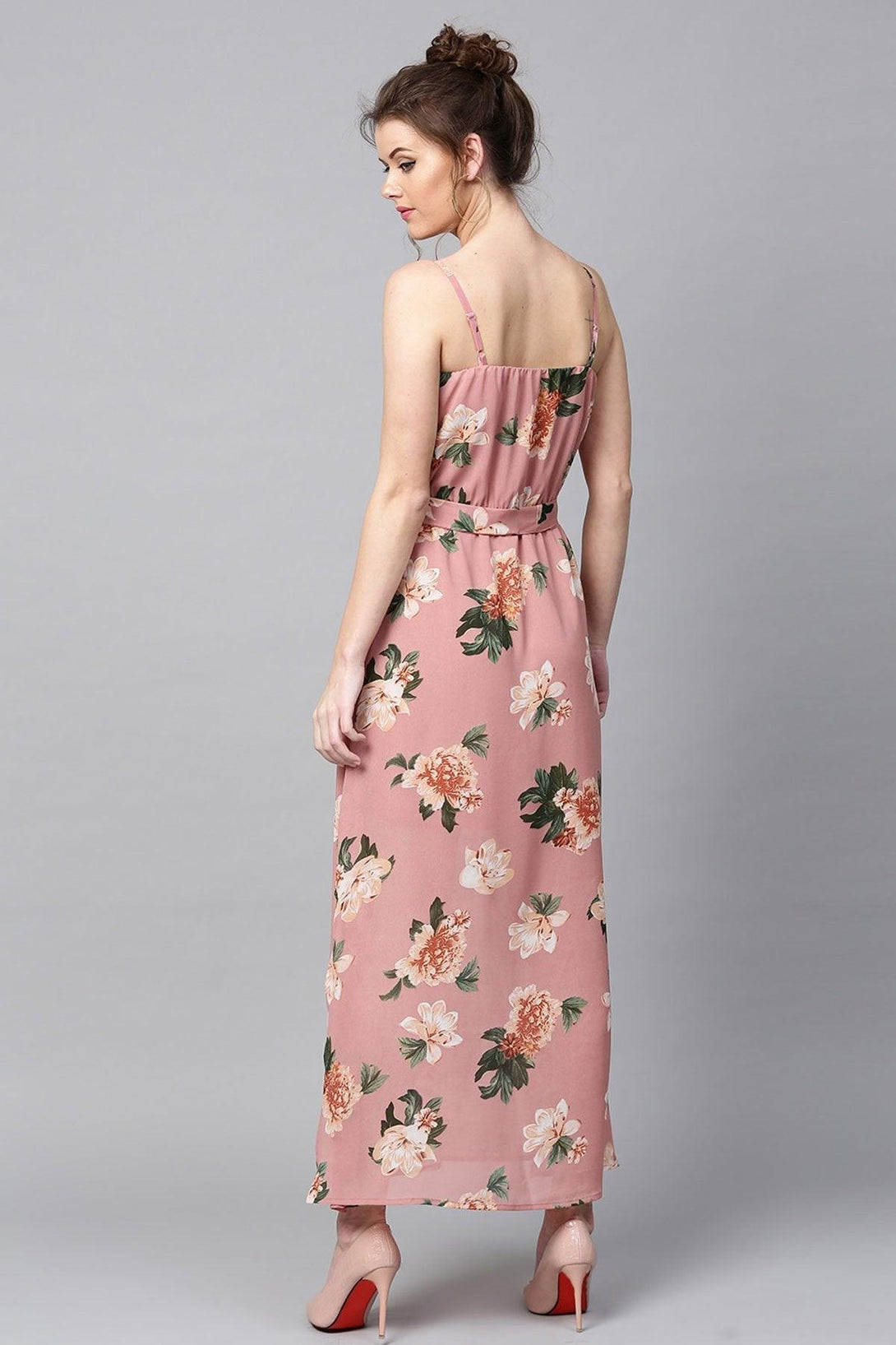 Women's Baked Pink Floral Belted Maxi - SASSAFRAS - Indiakreations