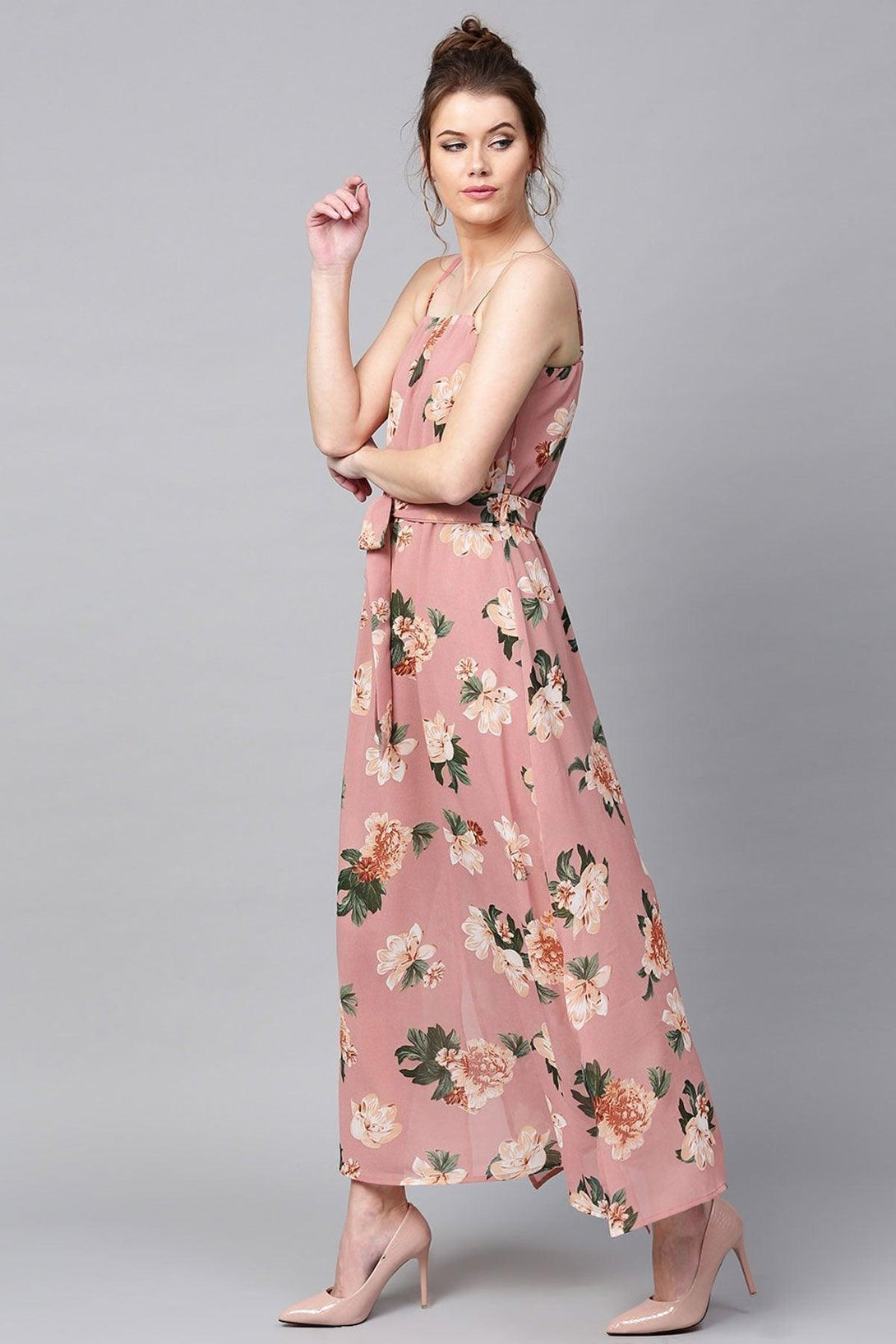 Women's Baked Pink Floral Belted Maxi - SASSAFRAS - Indiakreations