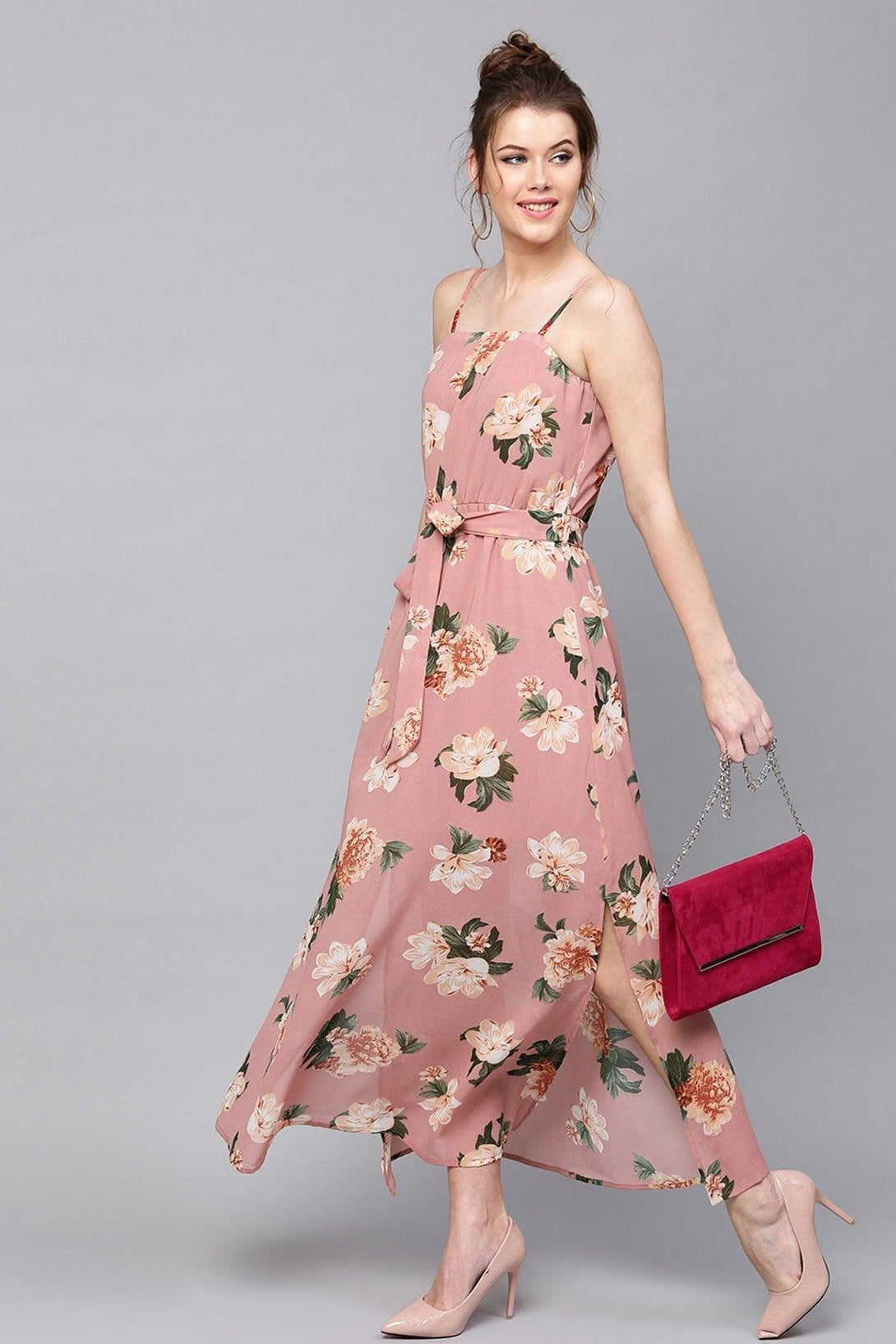 Women's Baked Pink Floral Belted Maxi - SASSAFRAS - Indiakreations