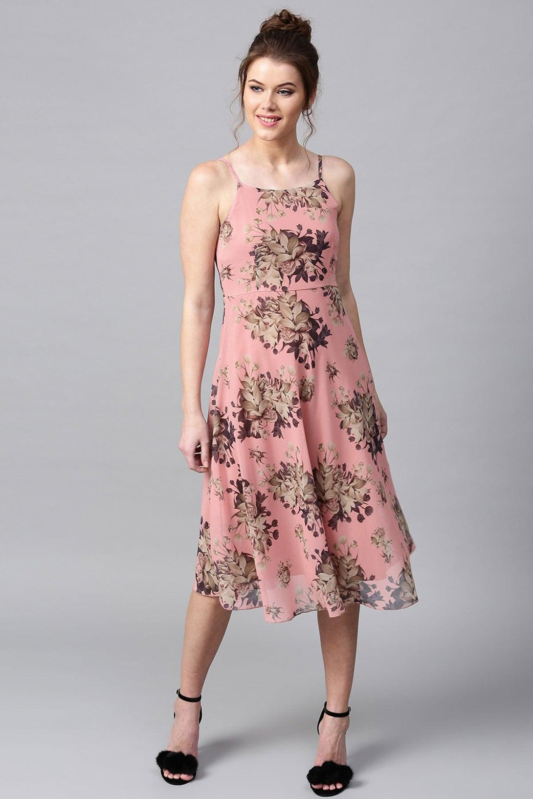 Women's Millennial Pink Floral Midi Strap Dress - SASSAFRAS - Indiakreations