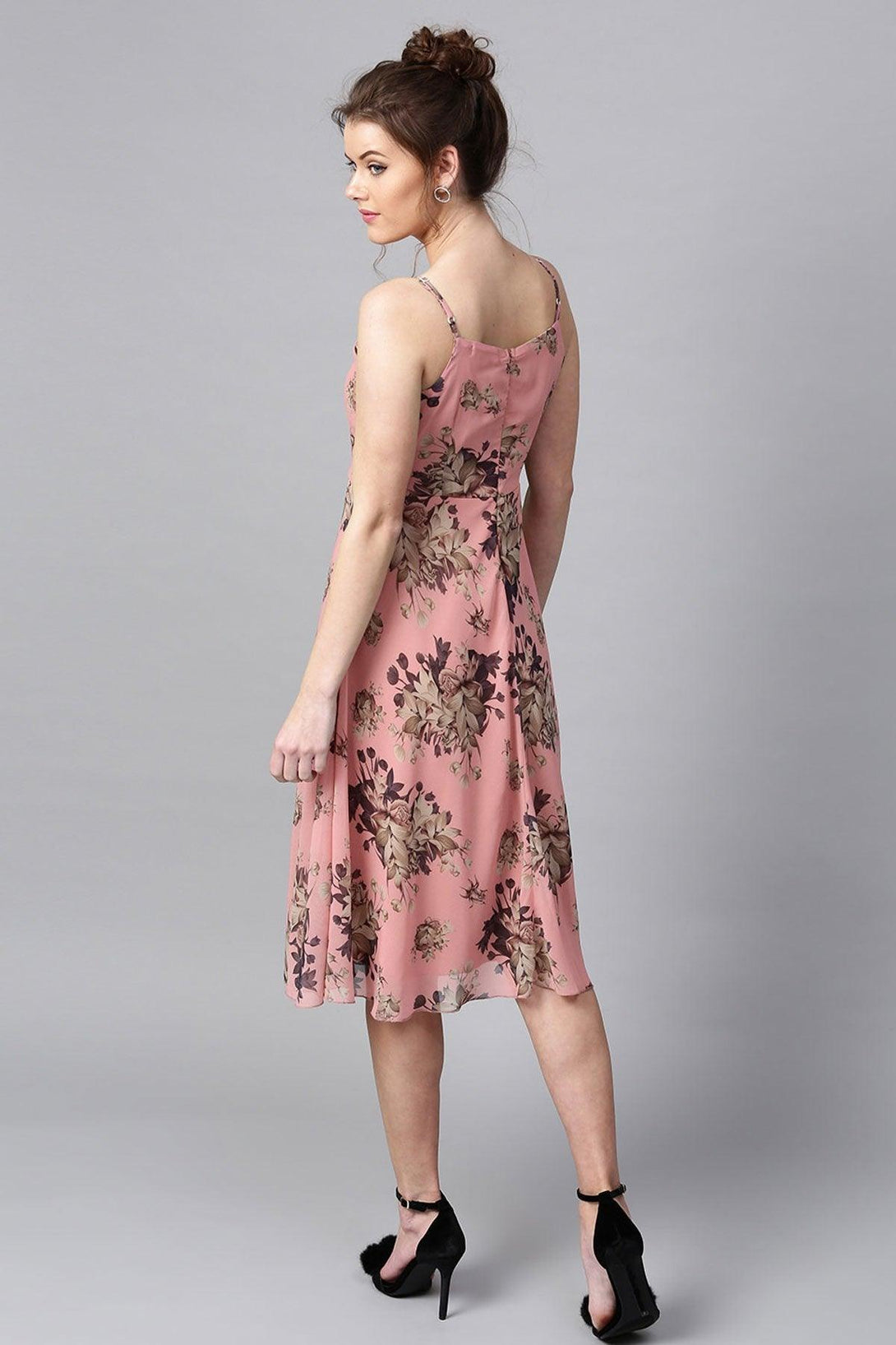 Women's Millennial Pink Floral Midi Strap Dress - SASSAFRAS - Indiakreations