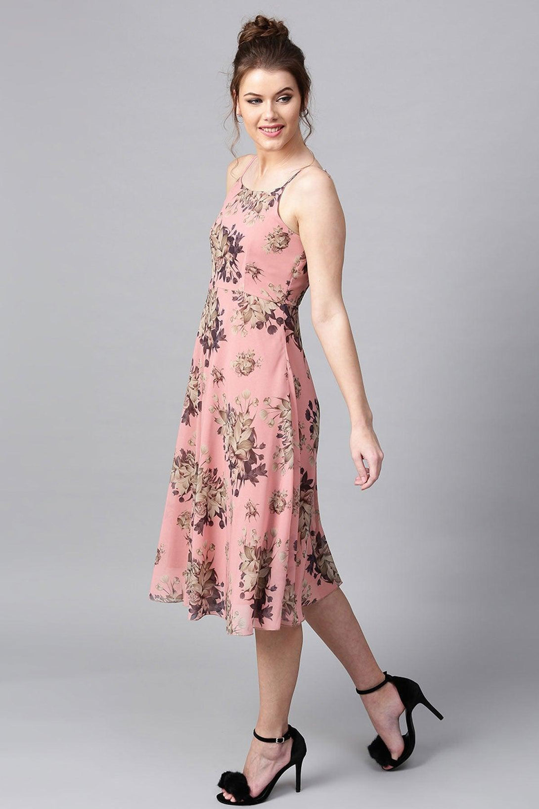 Women's Millennial Pink Floral Midi Strap Dress - SASSAFRAS - Indiakreations