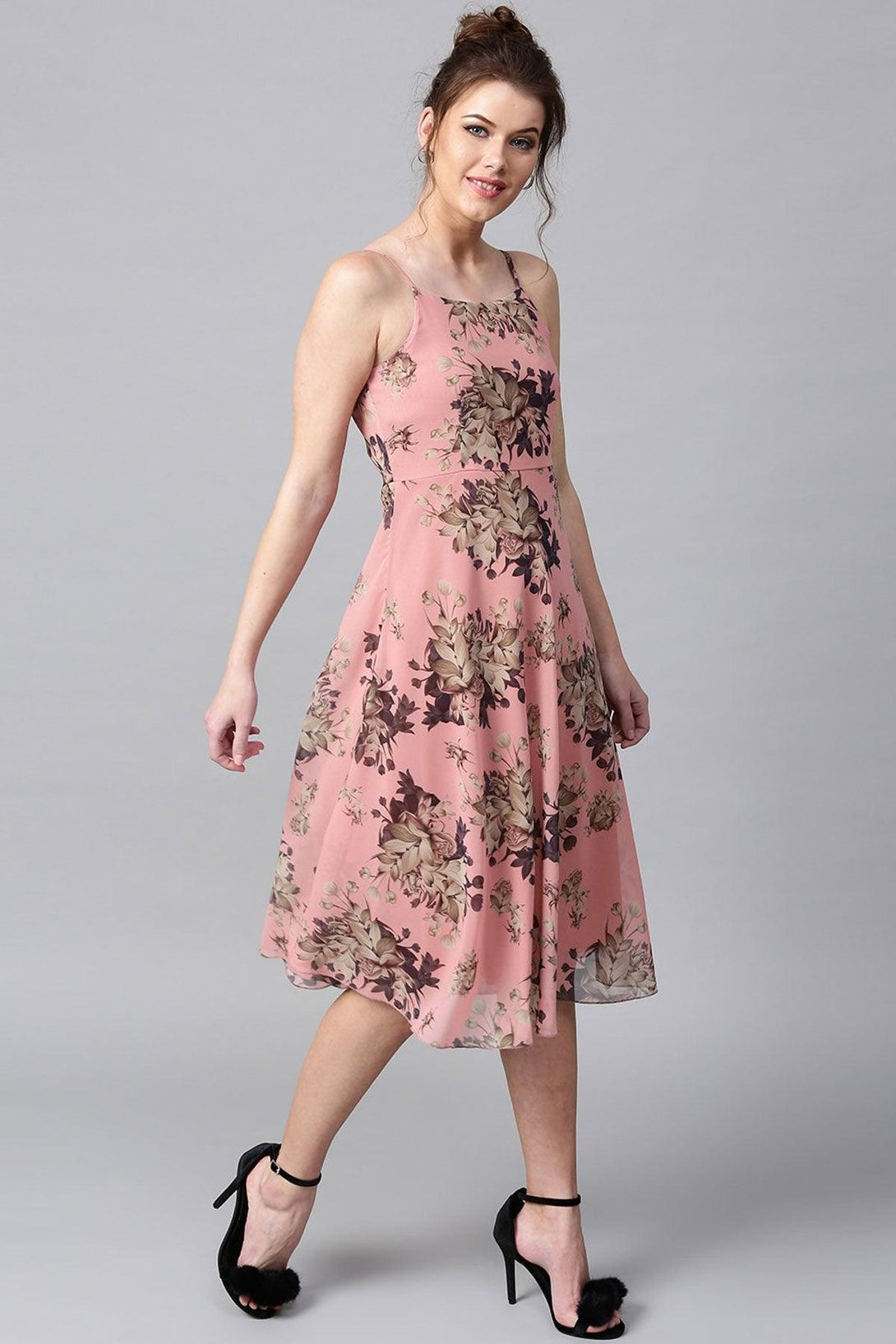 Women's Millennial Pink Floral Midi Strap Dress - SASSAFRAS - Indiakreations