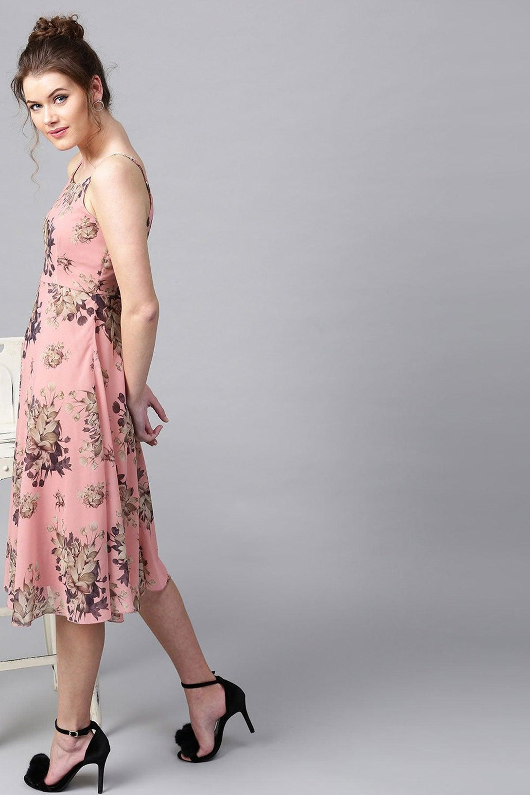 Women's Millennial Pink Floral Midi Strap Dress - SASSAFRAS - Indiakreations