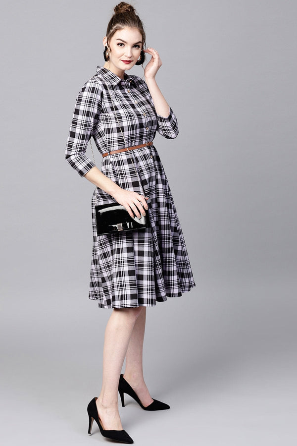 Women's Black Check Shirt Ethnic Belted Dress - SASSAFRAS