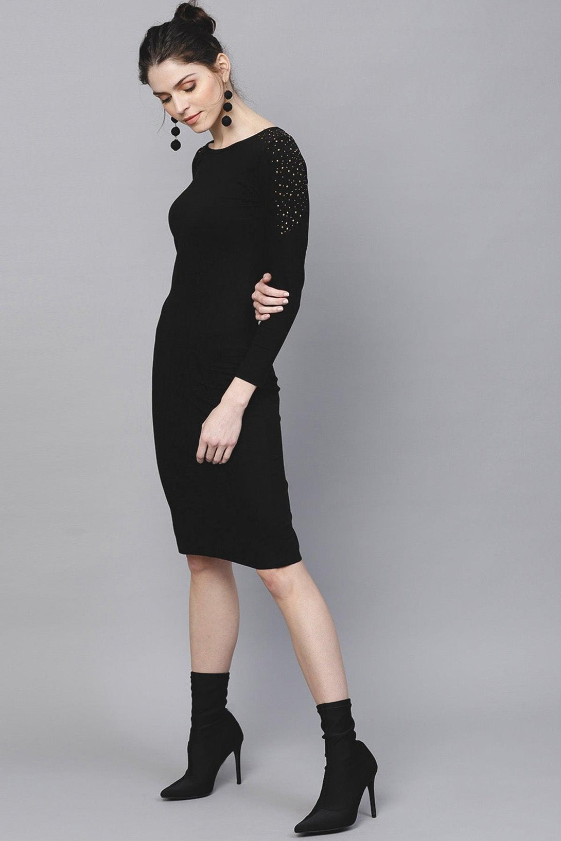 Women's Black Bodycon Studded Dress - SASSAFRAS - Indiakreations