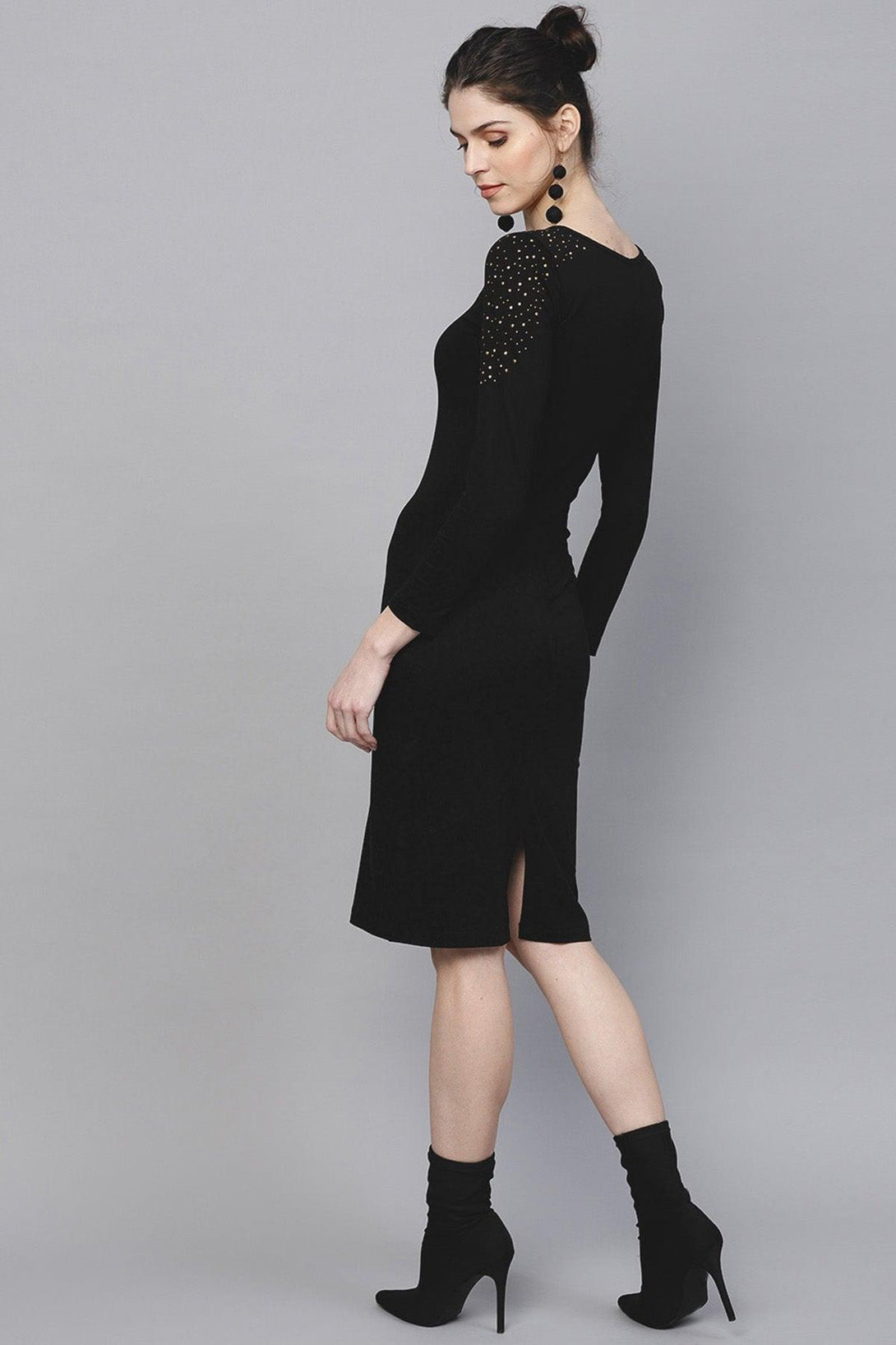 Women's Black Bodycon Studded Dress - SASSAFRAS - Indiakreations