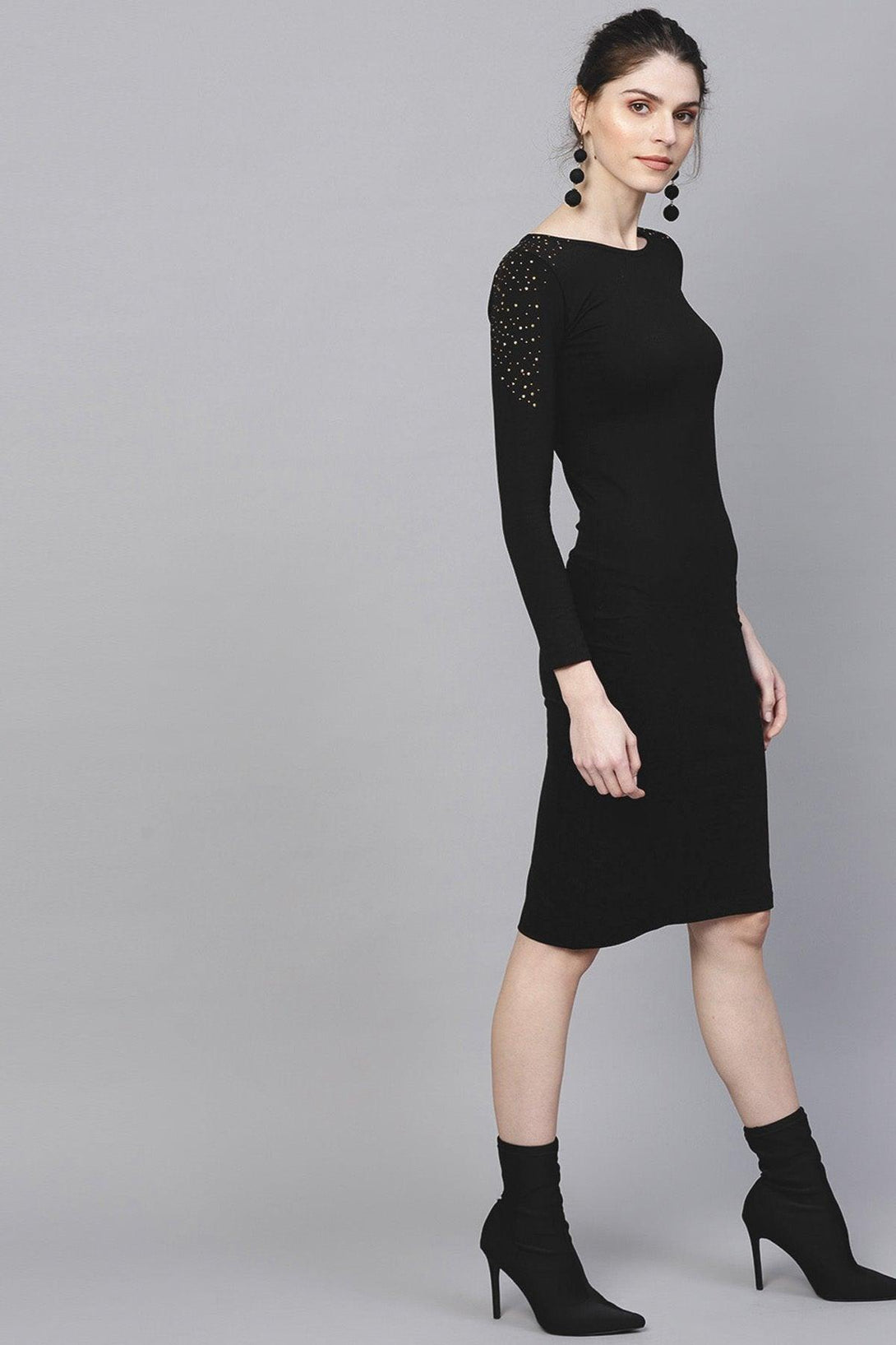 Women's Black Bodycon Studded Dress - SASSAFRAS - Indiakreations